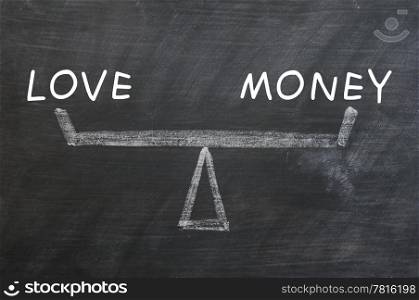 Balance of love and money drawn with chalk on a blackboard