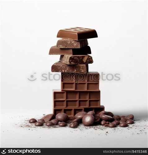 Balanced Pieces of Chocolate, Isolated on a White Background. Generative ai