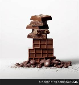Balanced Pieces of Chocolate, Isolated on a White Background. Generative ai