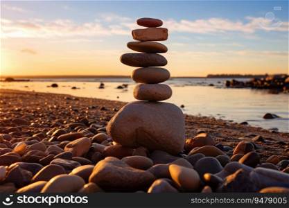 Balanced rock pyramid on sea pebbles beach, sunny day. Generative AI