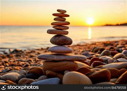Balanced rock pyramid on sea pebbles beach, sunny day. Generative AI