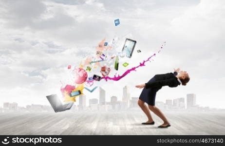 Balancing young woman evading from explosion of ideas. Businesswoman evades splash ideas