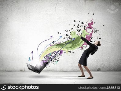 Balancing young woman evading from explosion of ideas. Businesswoman evades splash ideas