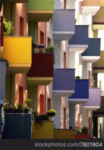 Balconies-coloured. Balconies of an apartment building, Berlin, Germany