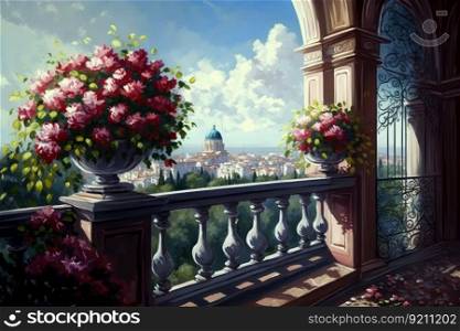 balcony with blooming flowers and view of the city in the background, created with generative ai. balcony with blooming flowers and view of the city in the background