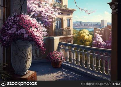 balcony with blooming flowers and view of the city in the background, created with≥≠rative ai. balcony with blooming flowers and view of the city in the background