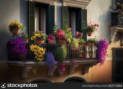 balcony with colorful mix of potted flowers, bringing a pop of color to the building, generative ai