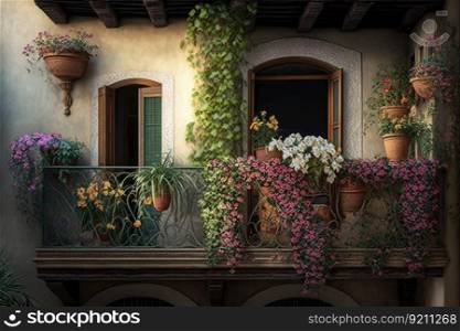 balcony with greenery and potted flowers on fa???? ?? ??? ?????? ?????????? ???
