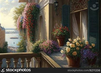 balcony with hanging basket of flowers on fa                                                                                            