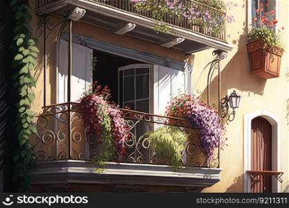 balcony with hanging basket of flowers on fa????? ?????????? ???