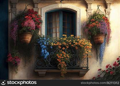 balcony with hanging basket of flowers on fa                    