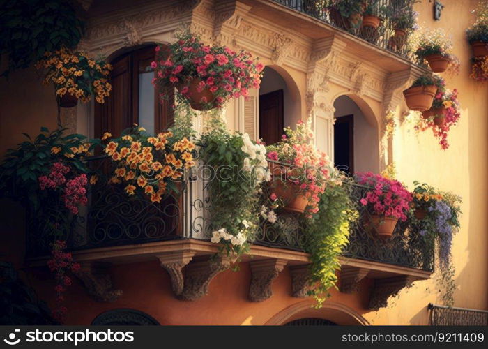 balcony with hanging baskets of flowers, blooming and fragrant, generative ai