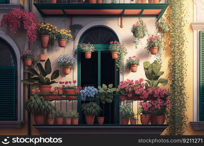 balcony with hanging pots of flowers in a vertical garden, generative ai