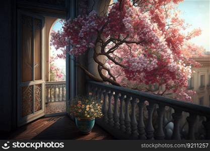 balcony with potted flowers and blooming cherry blossom tree in the background, created with generative ai. balcony with potted flowers and blooming cherry blossom tree in the background