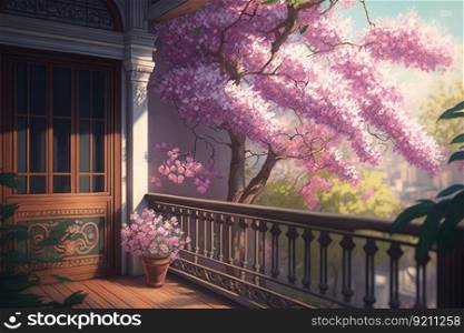 balcony with potted flowers and blooming cherry blossom tree in the background, created with generative ai. balcony with potted flowers and blooming cherry blossom tree in the background