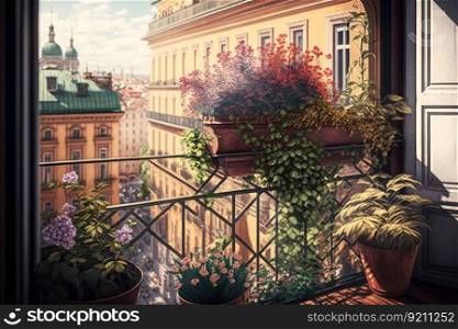 balcony with potted flowers and cityscape in the background, generative ai