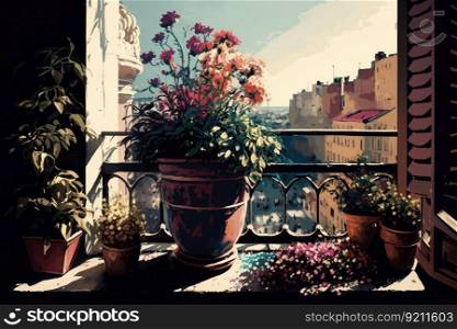 balcony with potted flowers and cityscape in the background,≥≠rative ai