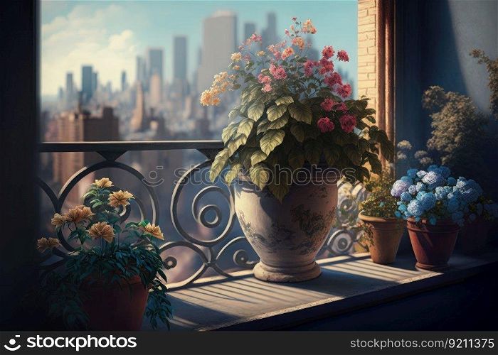 balcony with potted flowers and cityscape view in the background, generative ai
