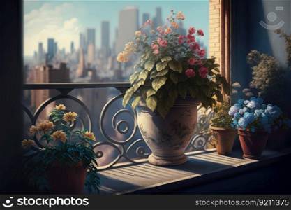 balcony with potted flowers and cityscape view in the background, generative ai