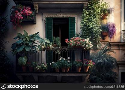 balcony with potted flowers and lush green plants on fa                    