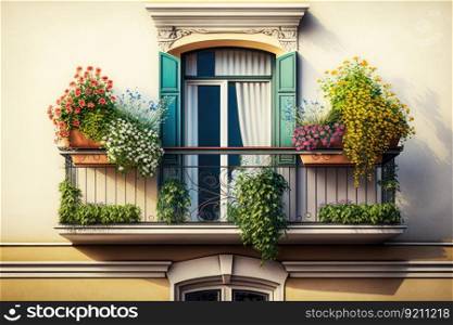 balcony with potted flowers and open window on fa                                                 