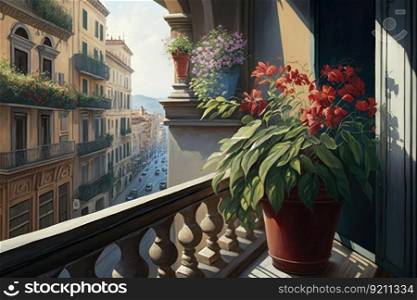 balcony with potted flowers and view of bustling city street, created with generative ai. balcony with potted flowers and view of bustling city street