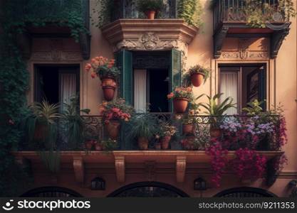balcony with potted flowers and view of bustling city street, created with generative ai. balcony with potted flowers and view of bustling city street