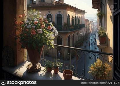 balcony with potted flowers and view of bustling street below, generative ai