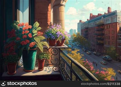 balcony with potted flowers and view of busy city street, generative ai