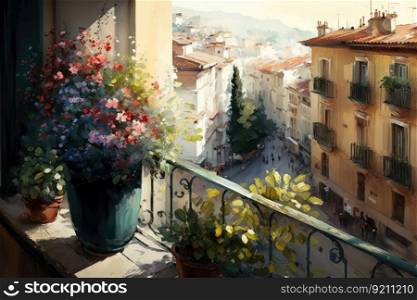 balcony with potted flowers and view of busy street below, generative ai