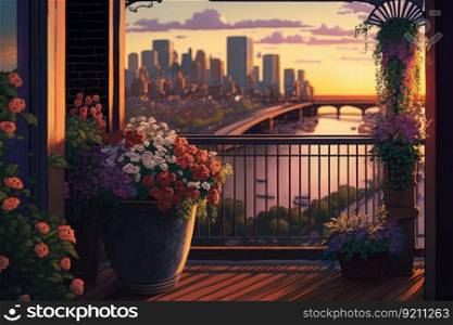 balcony with potted flowers and view of city skyline at sunset, generative ai