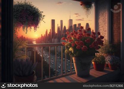 balcony with potted flowers and view of city skyline at sunset, generative ai