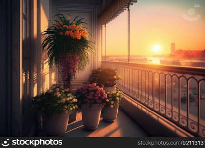 balcony with potted flowers and view of sunset in the city, generative ai