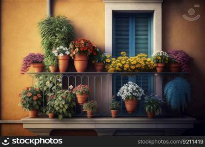 balcony with potted flowers and view of the bustling city     balcony with potted flowers on fa                                                 