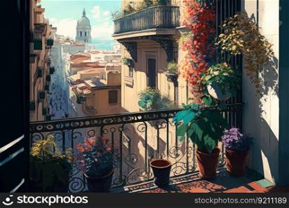 balcony with potted flowers and view of the bustling city street, created with generative ai. balcony with potted flowers and view of the bustling city street