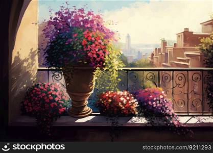 balcony with potted flowers and view of the city in the background, created with generative ai. balcony with potted flowers and view of the city in the background