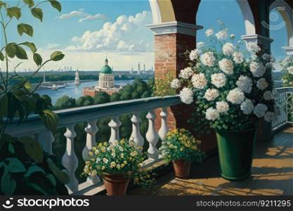 balcony with potted flowers and view of the city in the background, created with generative ai. balcony with potted flowers and view of the city in the background