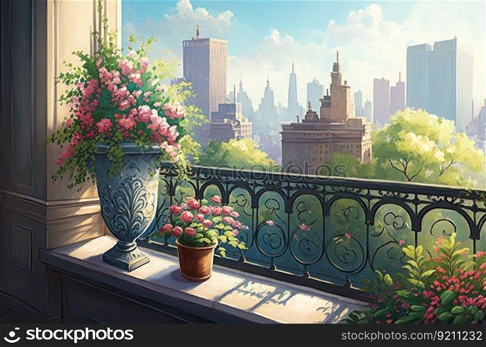 balcony with potted flowers and view of the city in the background, generative ai