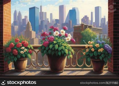 balcony with potted flowers and view of the city skyline, created with generative ai. balcony with potted flowers and view of the city skyline