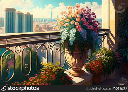 balcony with potted flowers and view of the city skyline, created with generative ai. balcony with potted flowers and view of the city skyline