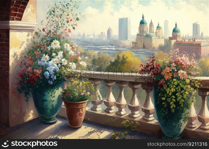 balcony with potted flowers and view of the city skyline, generative ai