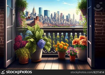 balcony with potted flowers and view of the city skyline in the background, created with generative ai. balcony with potted flowers and view of the city skyline in the background
