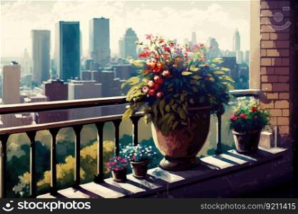 balcony with potted flowers and view of the city skyline in the background, created with generative ai. balcony with potted flowers and view of the city skyline in the background
