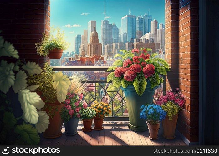 balcony with potted flowers and view of the city skyline on a sunny summer day, generative ai