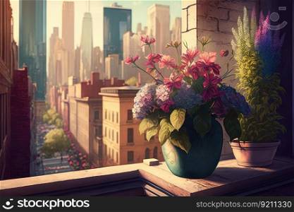 balcony with potted flowers and view of the city skyline on fa????? ?????????? ???
