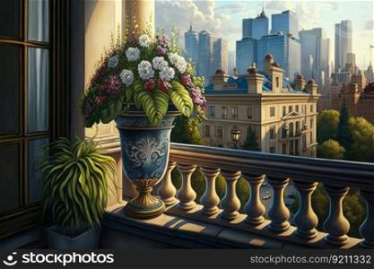 balcony with potted flowers and view of the city skyline on fa                    
