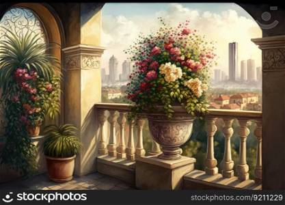 balcony with potted flowers and view of the cityscape, generative ai