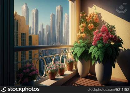 balcony with potted flowers on fa                                                     