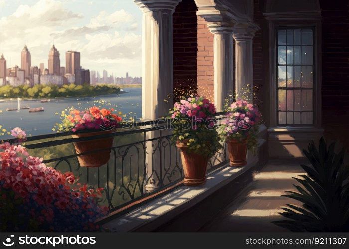 balcony with potted flowers on fa                                                 