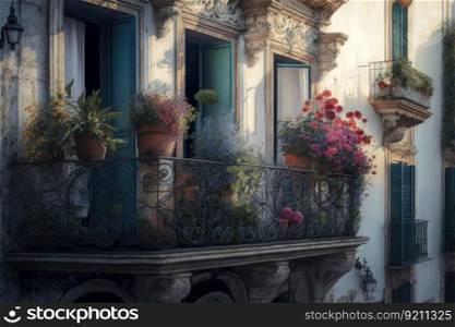 balcony with potted flowers on fa                                                                     
